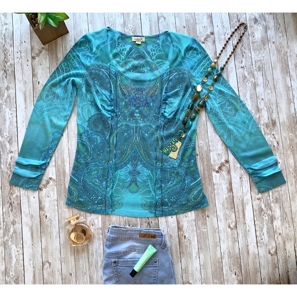 ONE WORLD Tops - One World long sleeve embellished floral print top